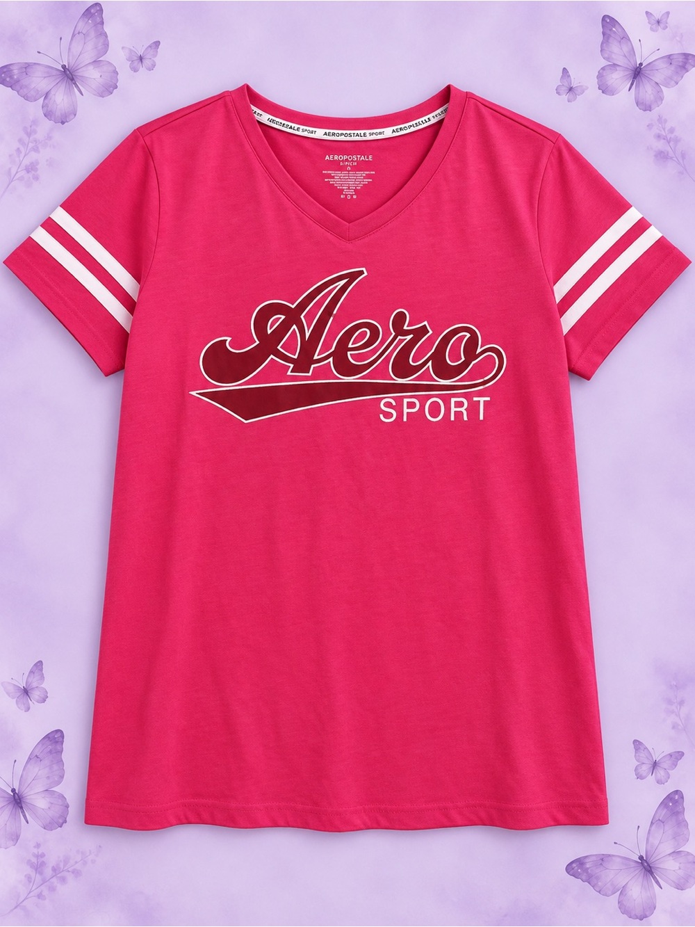 Aeropostale Pink Aero Sport V-Neck Tee with White Sleeve Stripes